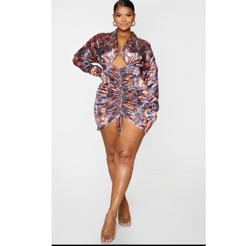Plus Ruched Butterfly Printed Satin Cut Out